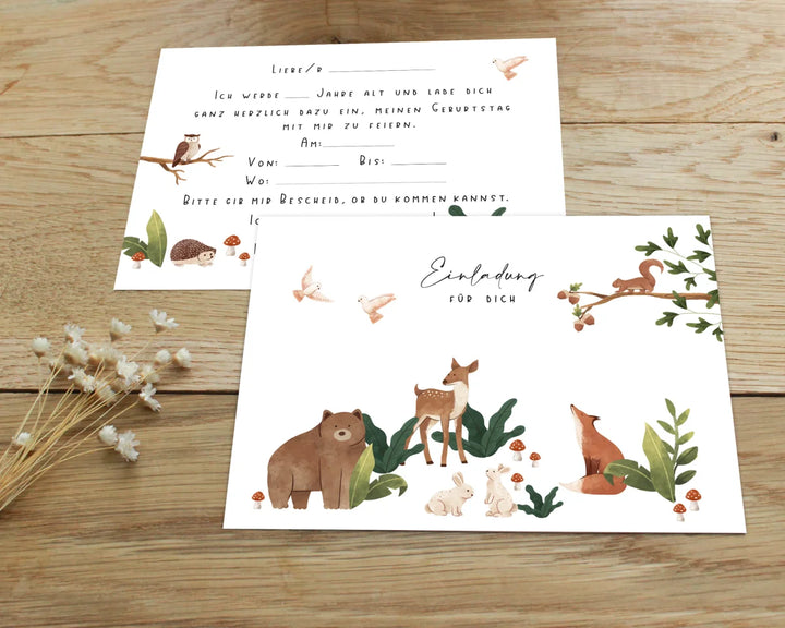 5er Set Einladungskarte Kindergeburtstag "Waldtiere" - RascheKraenze