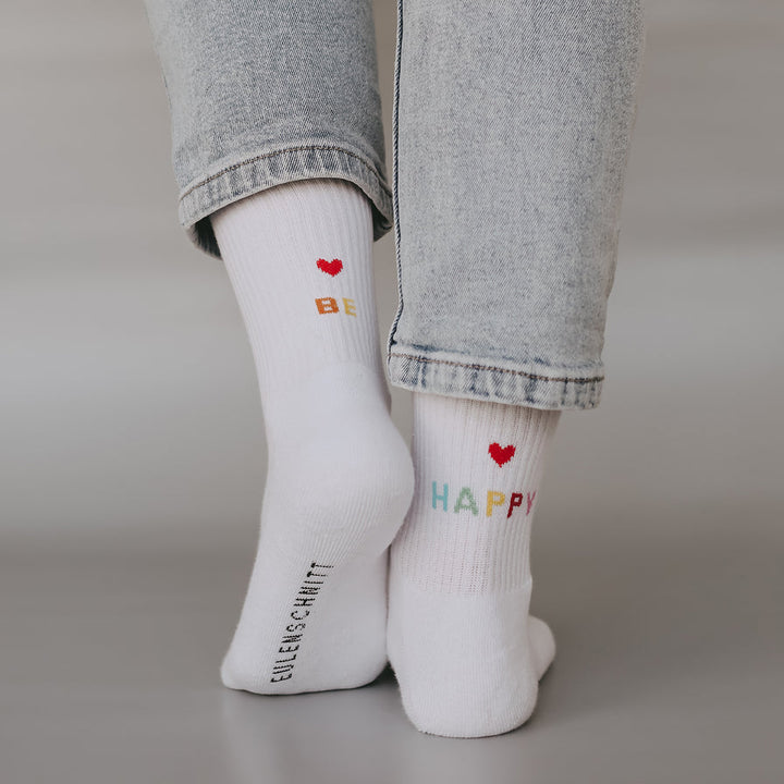 Socken "be happy" weiß - raschekraenzedevelopment