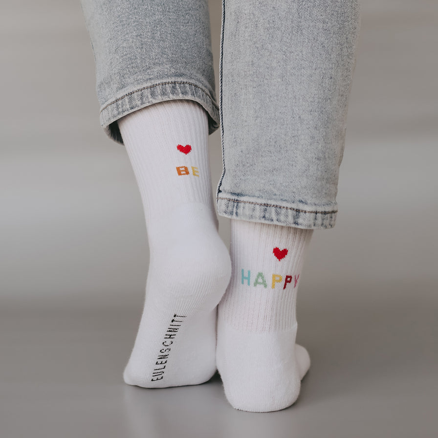 Socken "be happy" weiß - raschekraenzedevelopment